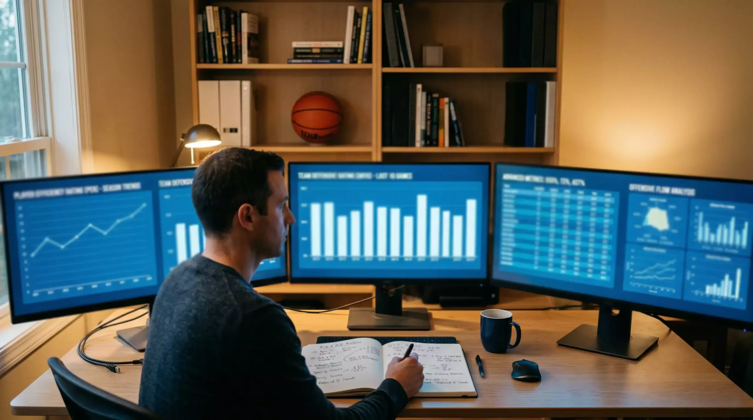 Analista revisando estadísticas y tendencias de baloncesto NBA en múltiples pantallas