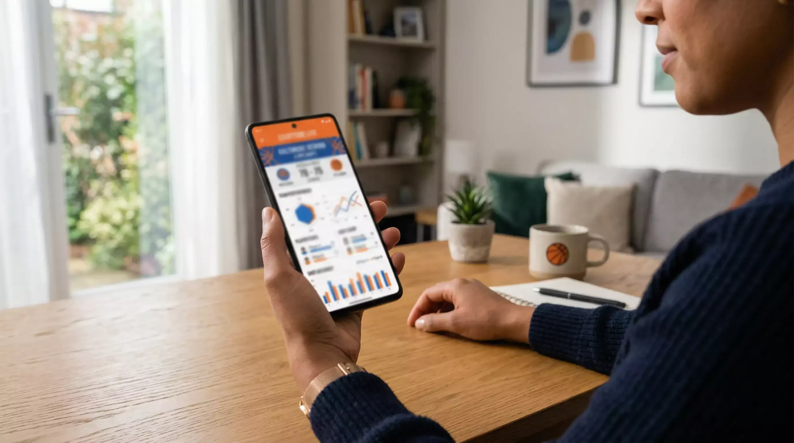 Smartphone mostrando aplicación de casa de apuestas con mercados NBA