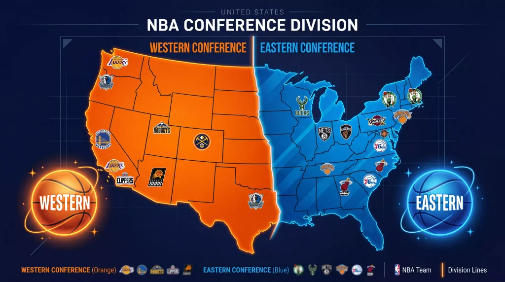 Mapa de Estados Unidos dividido en Conferencia Este y Oeste de la NBA