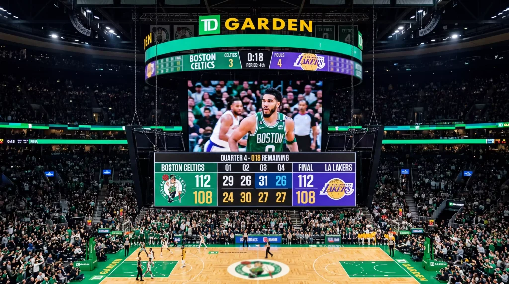 Marcador de partido de baloncesto NBA mostrando resultado por cuartos