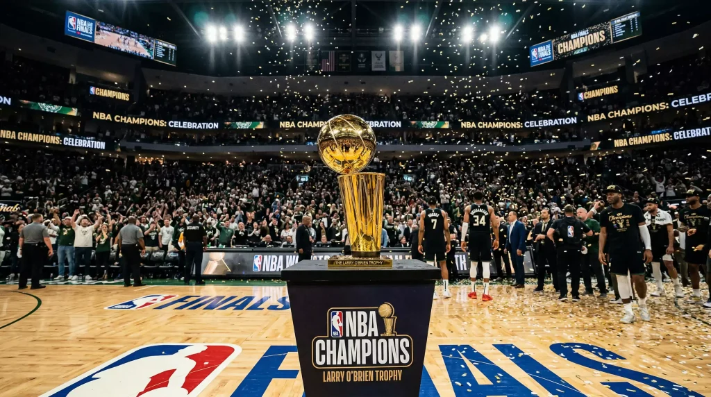 Trofeo de campeones de la NBA con pantalla de cuotas de apuestas