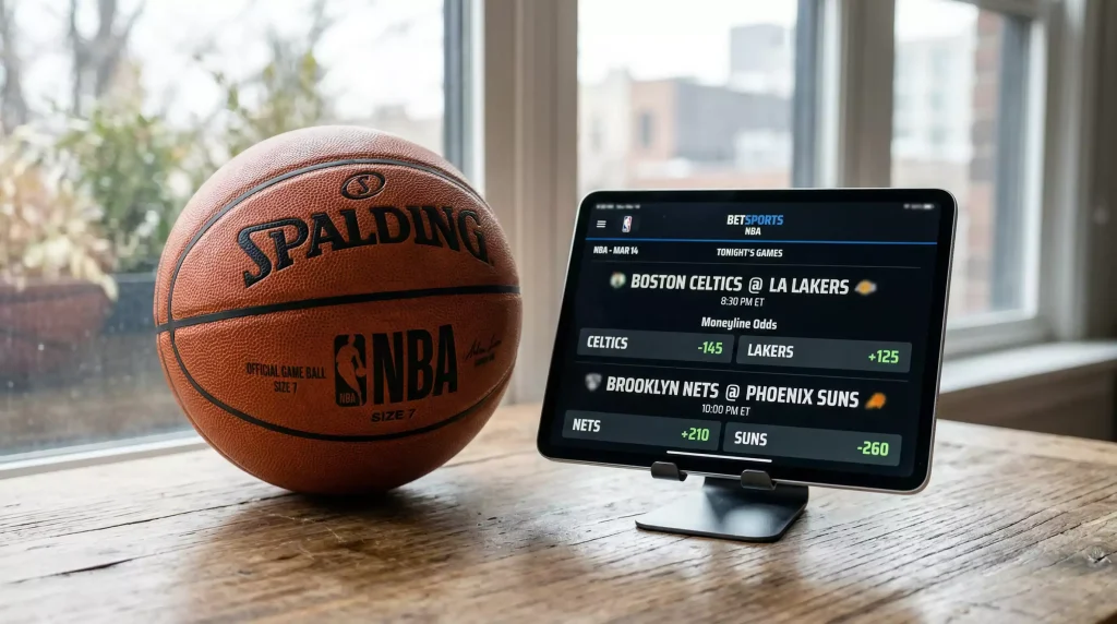 Balón de baloncesto NBA con cuotas de apuestas moneyline en pantalla