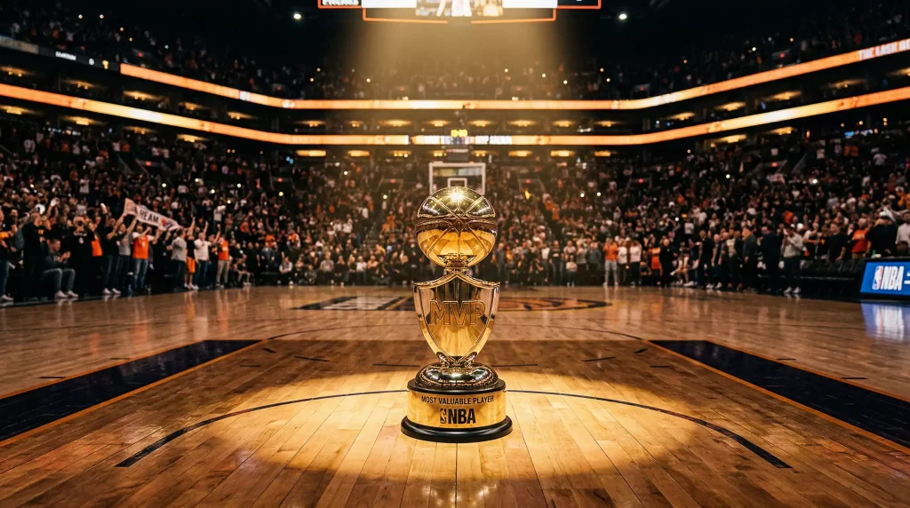 Trofeo MVP de la NBA sobre cancha de baloncesto profesional