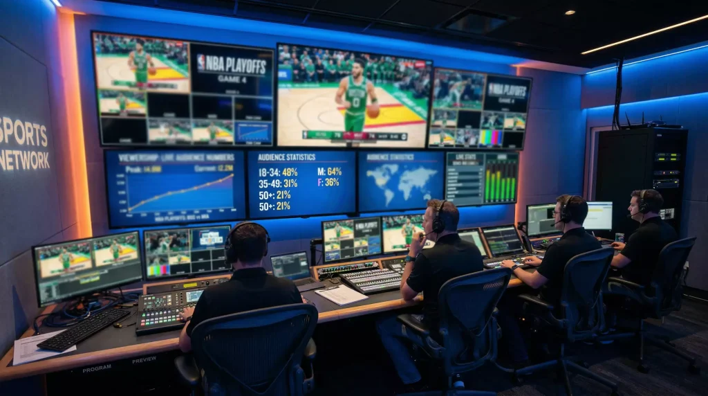 Pantallas de televisión mostrando partido de baloncesto NBA con estadísticas de audiencia