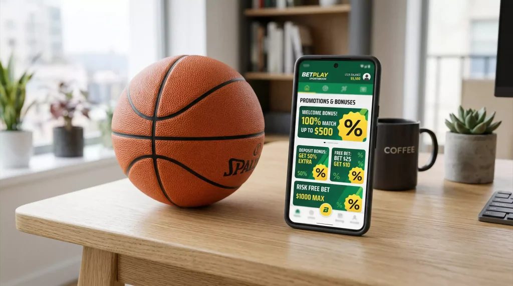 Pantalla de promociones de casa de apuestas con balon de baloncesto