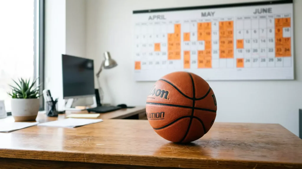 Calendario con fechas de playoffs NBA 2026 y balón de baloncesto