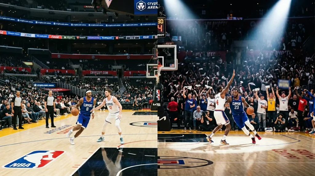 Cancha de baloncesto NBA dividida mostrando temporada regular y playoffs