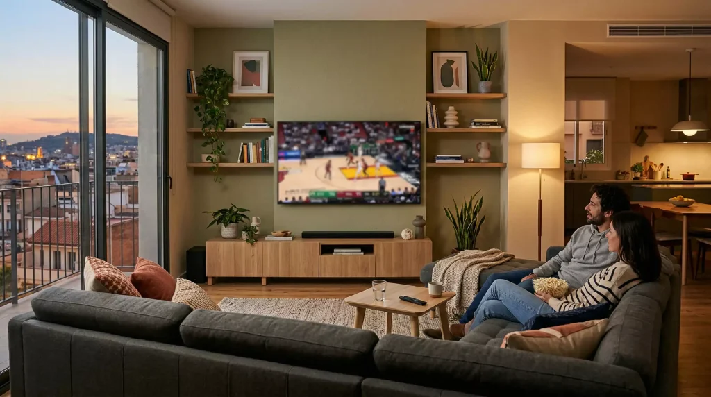 Televisor mostrando partido de playoffs NBA en sala de estar española