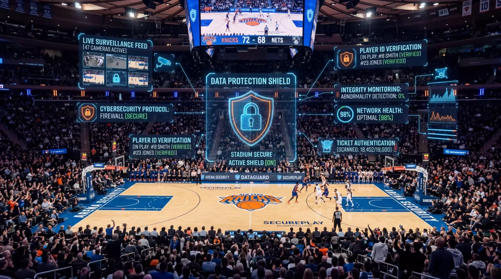 Cancha de baloncesto NBA con iconos de seguridad y monitorizacion