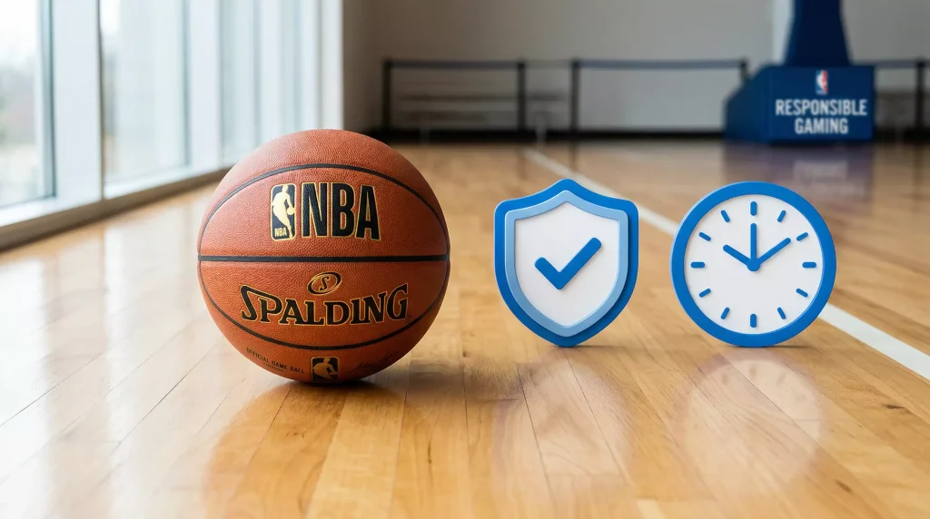 Balón de baloncesto junto a iconos de control y protección para juego responsable