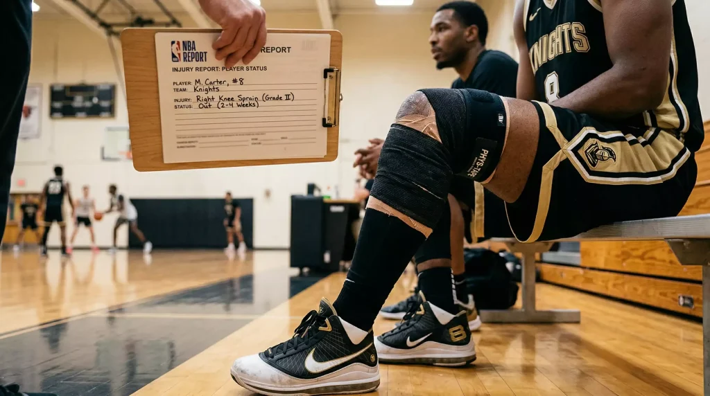 Jugador de baloncesto NBA con vendaje en rodilla junto a reporte de lesiones