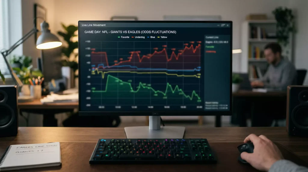 Pantalla de ordenador mostrando gráfico de movimiento de cuotas de apuestas NBA