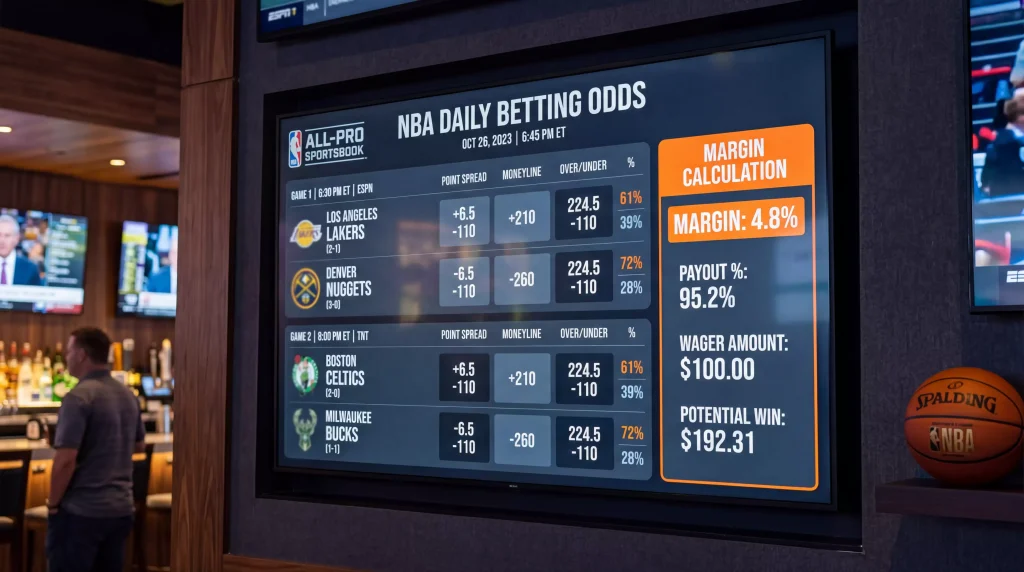 Cuotas de apuestas NBA en pantalla mostrando porcentajes de margen