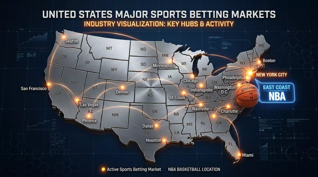 Mapa de Estados Unidos con iconos de apuestas deportivas y baloncesto NBA