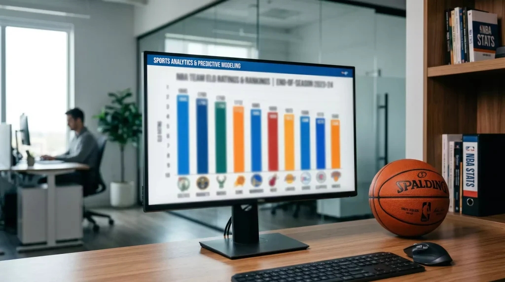 Gráfico de ratings Elo de equipos NBA con balón de baloncesto