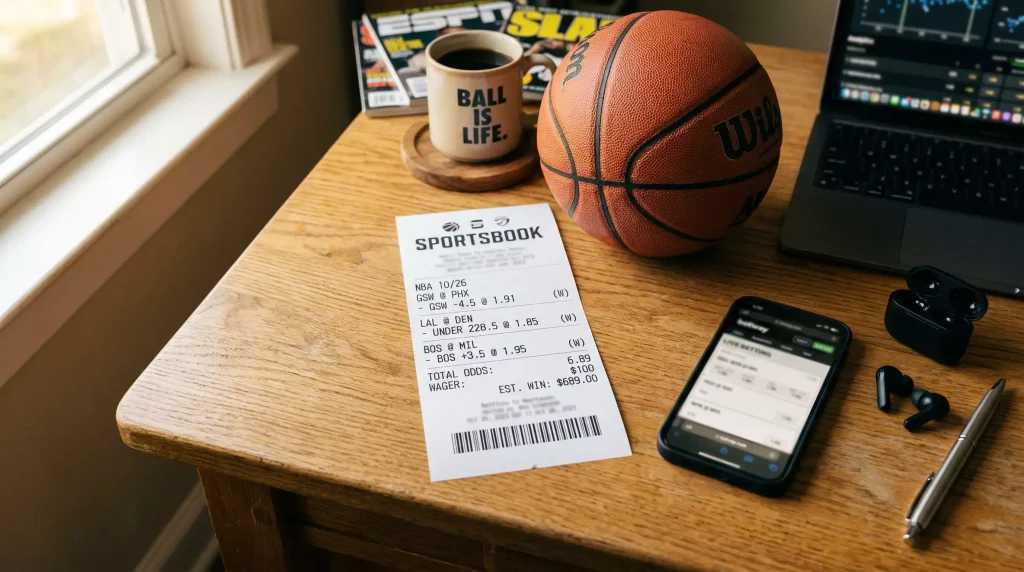 Boleto de apuestas combinadas con varios partidos de baloncesto NBA