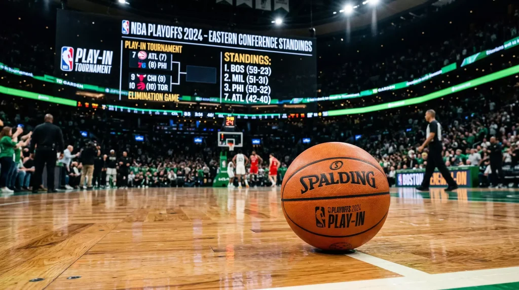 Balón de baloncesto NBA junto a tablero de posiciones de Play-In Tournament