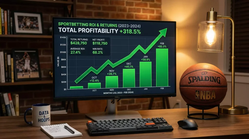 Grafico de rentabilidad con linea ascendente y balon de baloncesto