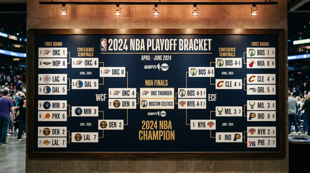 Cuadro de playoffs NBA mostrando enfrentamientos de series al mejor de siete