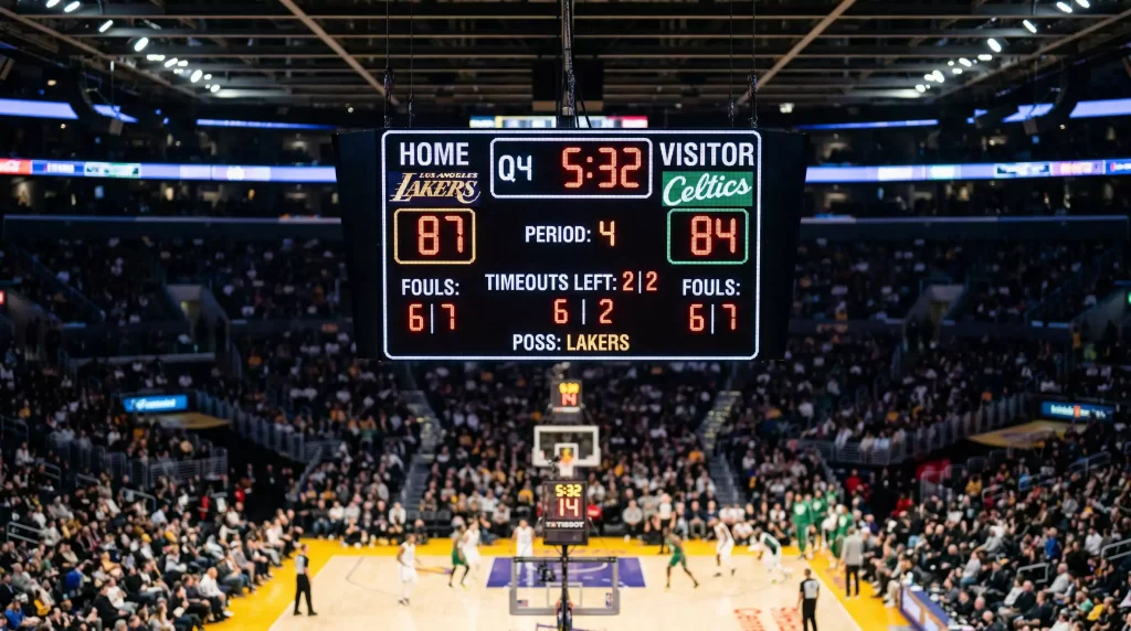Marcador digital de partido NBA mostrando puntuación total de ambos equipos