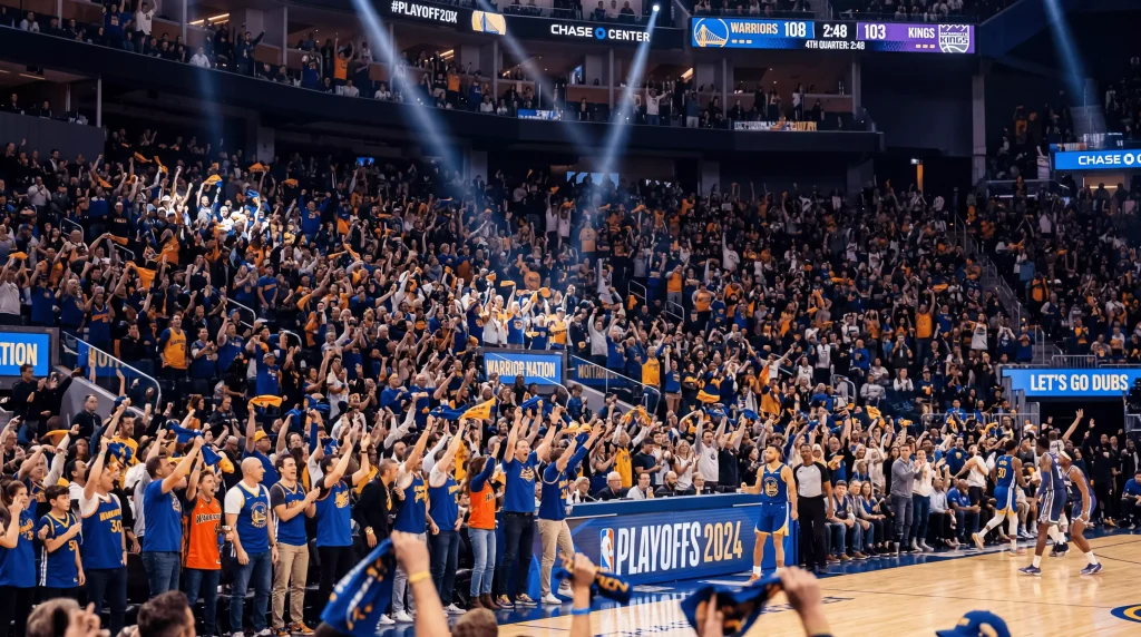 Arena de baloncesto NBA llena de aficionados animando al equipo local